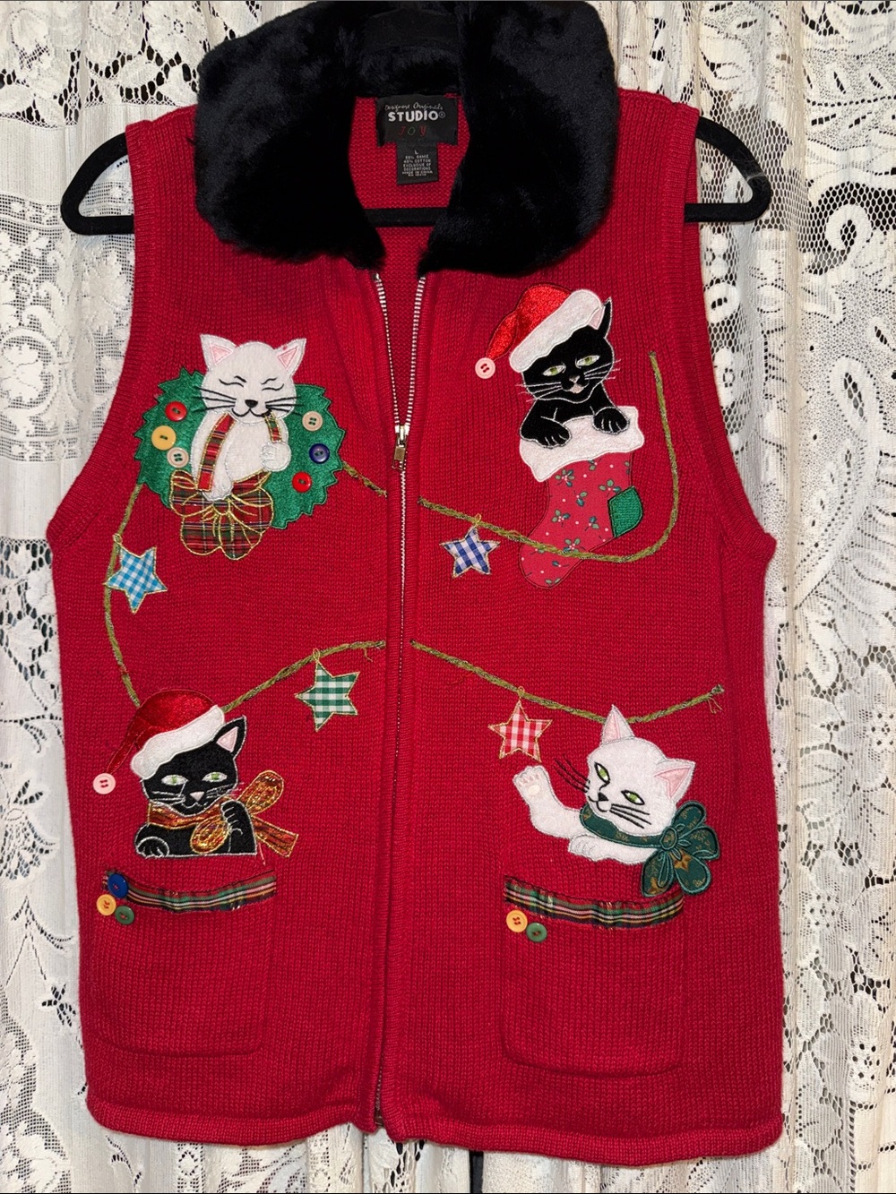 Designer originalStudio Red Cat Holiday Appliqué Vest with Black Faux-Fur Collar
